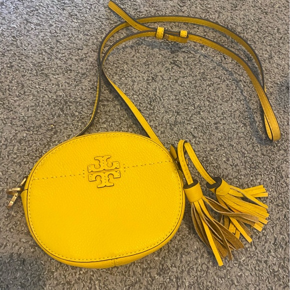 Tory Burch Handbags - Tory Burch McGraw Round Leather Yellow Marigold Crossbody Purse Bag Tassels